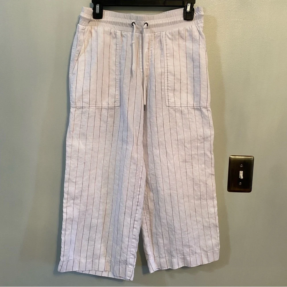 Athleta Linen striped white wide leg drawstring cropped  pant size 6